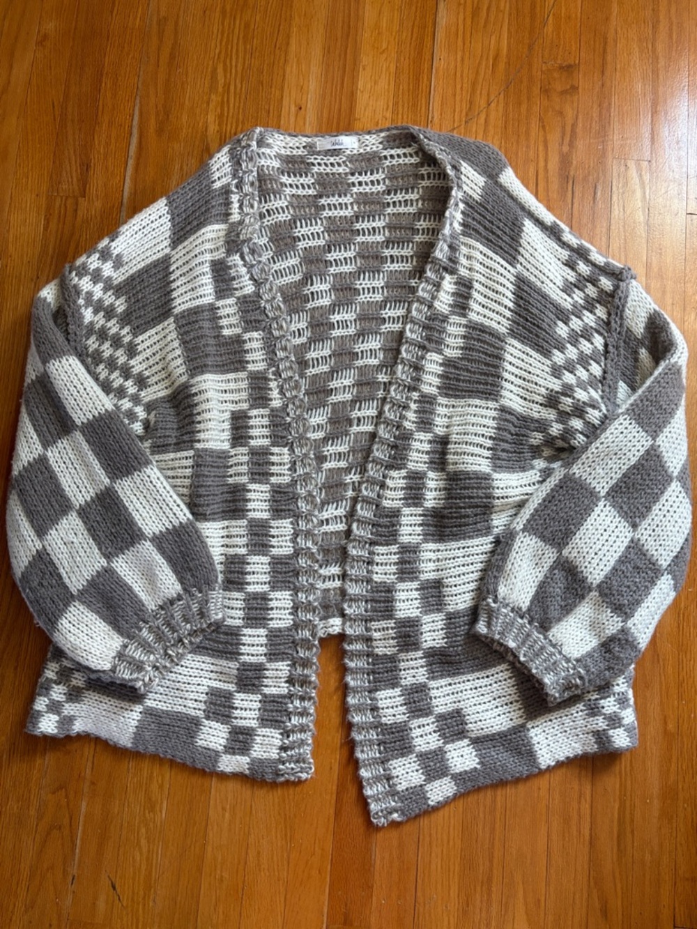 Hand-Knit Gray and Cream Checkered Women's Oversized Cardigan Sweater
